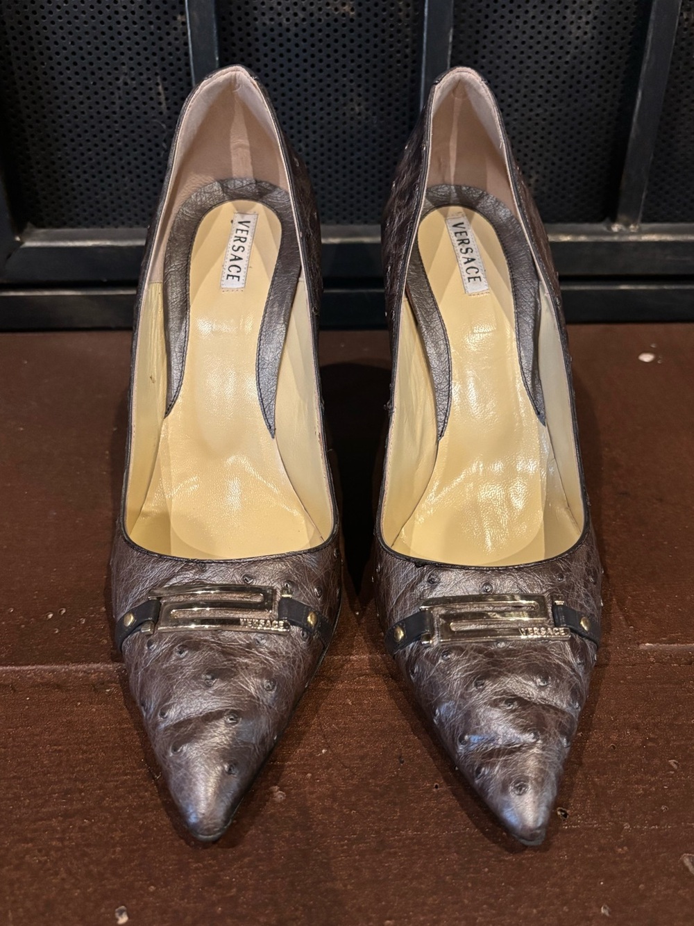 Versace Ostrich Pointed Toe Pumps - Picture 2 of 9